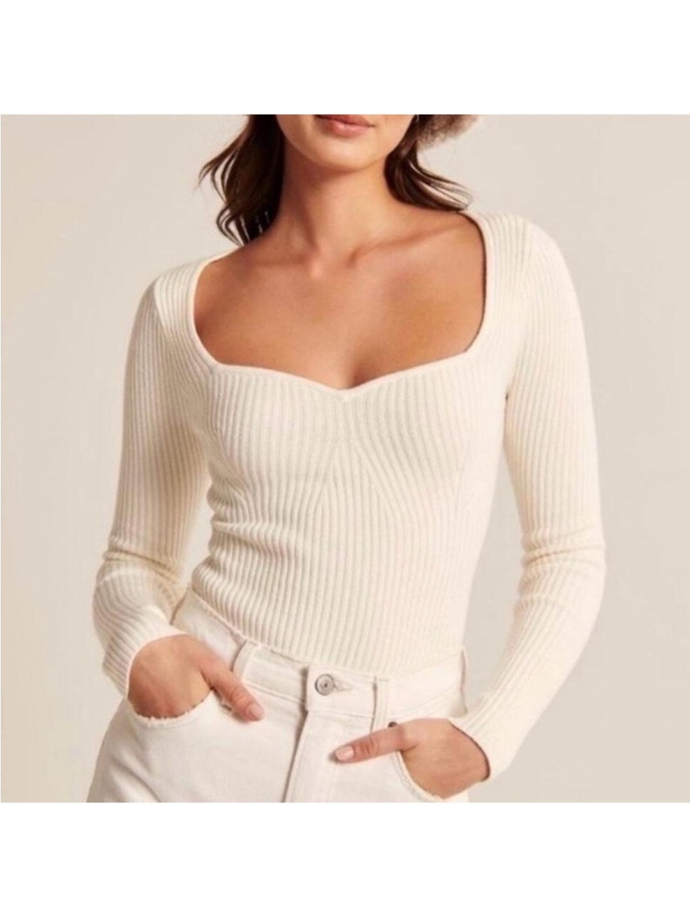 A&F Ivory Ribbed Sweetheart Long Sleeve Bodysuit M